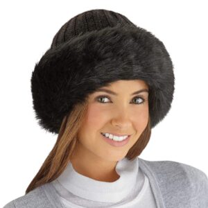 Collections Etc Faux Fur Trimmed Winter Fashion Hat Black