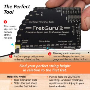 FretGuru 8-in-1 String Action Gauge Guitar Fret Ruler Precision Fret Rocker - Precise CNC Machined, Diamond Honed, Polished Edge Guitar String Height Gauge - Luthier Tool with Thick Leather Case