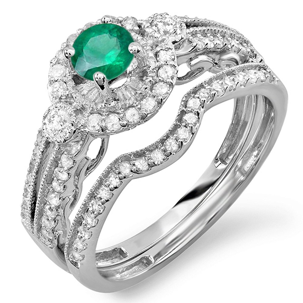 Dazzlingrock Collection 14k Round Emerald & White Diamond Women Halo Bridal Engagement Ring Set, White Gold, Size 5.5