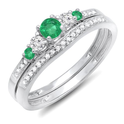 Dazzlingrock Collection 14k Round Emerald And White Diamond Women 5 Stone Bridal Engagement Ring Band Set, White Gold, Size 5