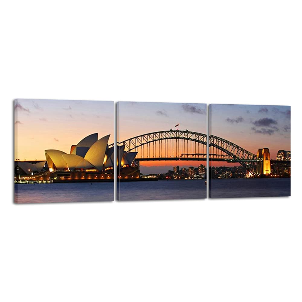 Wieco Art Museum of Sydney Modern Canvas Prints Wall Art City Skyline Pictures Paintings for Living Room Bedroom Home Decorations 3 Piece Modern Stretched and Framed Giclee Ocean Sea Beach Artwork