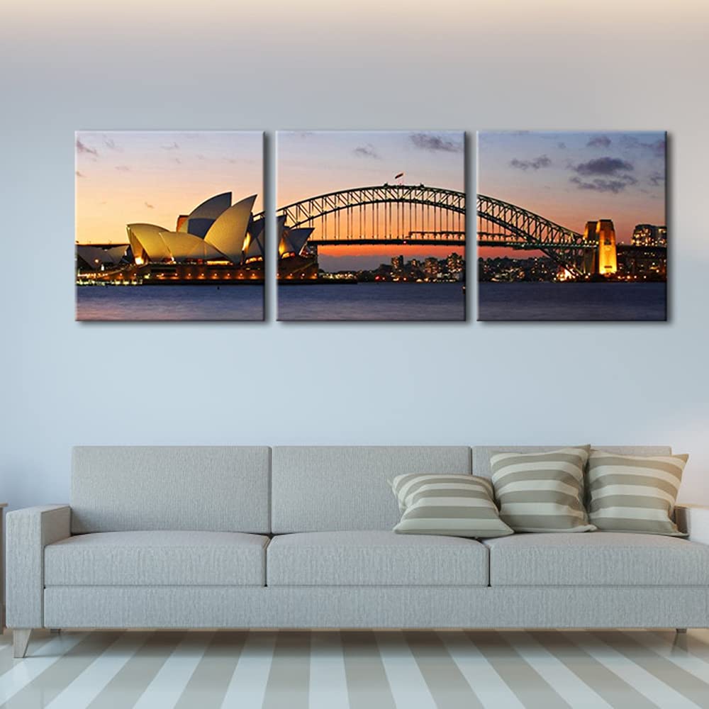 Wieco Art Museum of Sydney Modern Canvas Prints Wall Art City Skyline Pictures Paintings for Living Room Bedroom Home Decorations 3 Piece Modern Stretched and Framed Giclee Ocean Sea Beach Artwork