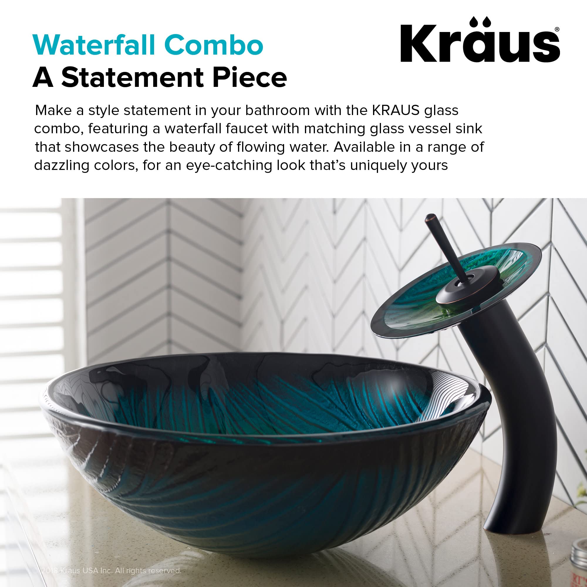 Kraus C-GV-399-19mm-10CH Ladon Glass Vessel Sink and Waterfall Faucet Chrome