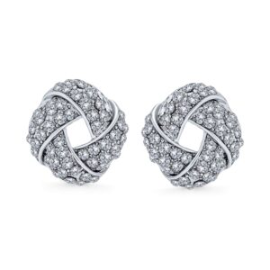 Woven White Clear Crystal Love Knot Work Clip On Earrings For Women Non Pierced Ears Silver Plated Brass