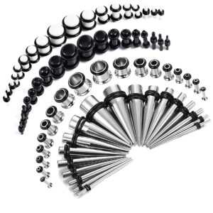 bodyj4you 72pc ear stretching kit - 14g-00g beginner gauges - surgical steel tunnels solid metal tapers black white acrylic plugs - men women unisex body jewelry