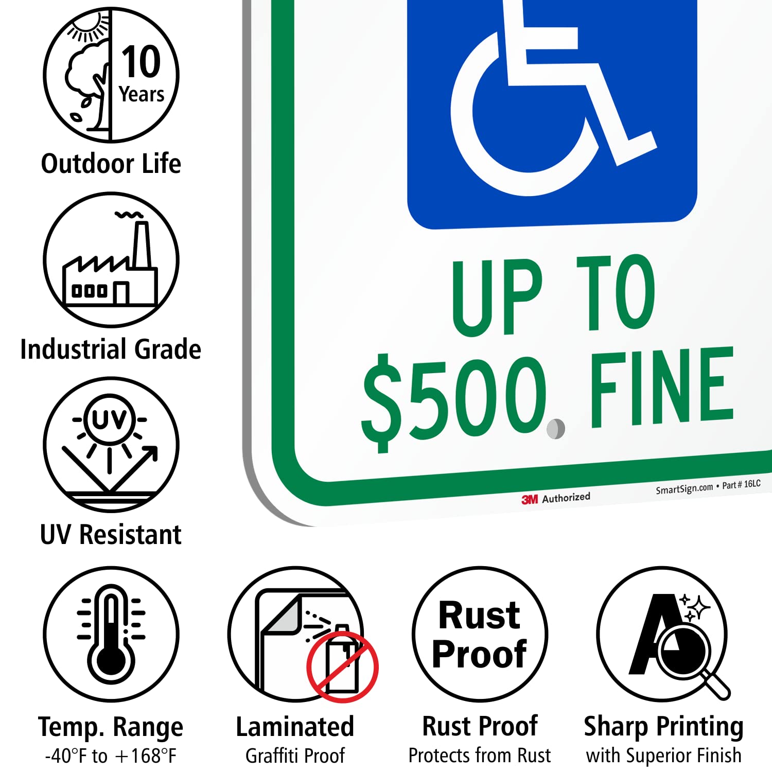 SmartSign "Reserved Parking - Up To $500 Fine" Handicap Parking Sign | 12" x 18" 3M Engineer Grade Reflective Aluminum