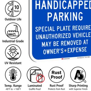 SmartSign "Handicapped Parking - Special Plate Required, Unauthorized Vehicles Removed" Sign | 12" x 18" 3M Engineer Grade Reflective Aluminum