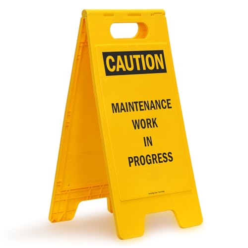 SmartSign 25 x 12 inch “Caution - Maintenance Work In Progress” Two-Sided Folding Floor Sign, Digitally Printed Polypropylene Plastic, Black and Yellow