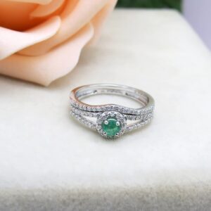 Dazzlingrock Collection 14K Round Emerald And White Diamond Bridal Halo Engagement Ring Wedding Band Set, White Gold, Size 6