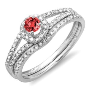 dazzlingrock collection 14k round ruby and white diamond bridal halo engagement ring wedding band set, white gold, size 9