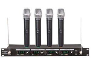 gtd audio wireless microphone system with 4 hand held mics, long distance up to 300 feet, fixed frequency, 380h