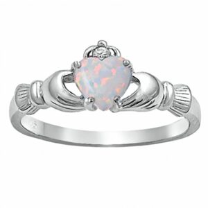 fidelity: 0.765ct heart-cut white created opal dublin claddagh promise ring silver, 3185b sz 11.0