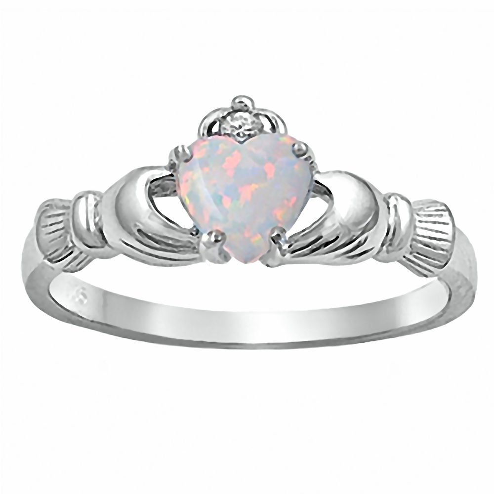 Fidelity: 0.765ct Heart-cut White Created Opal Dublin Claddagh Promise Ring Silver, 3185B sz 11.0