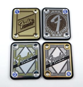 standard 4 bolt "custom built" engraved or printed guitar neck plate - choose from 4 designs - silver, gold or black