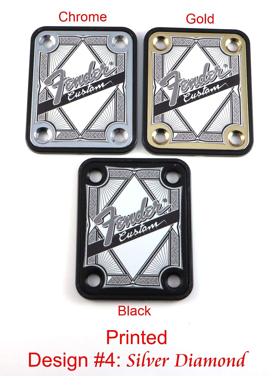 Standard 4 Bolt "Custom Built" Engraved or Printed Guitar Neck Plate - Choose from 4 designs - Silver, Gold or Black