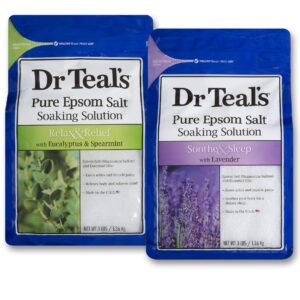 Dr Teal's Epsom Salt Bath Soaking Solution Gift Set (Eucalyptus and Lavender 2 Pack, 3lb Each) - Soothe and Sleep & Relax and Relief - Soothe Achy Muscles at Home - Pure Epsom Salts & Essential Oils