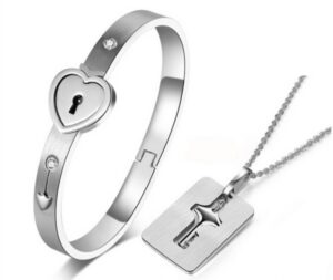 naivo romantic stainless steel bracelet love heart lock bangle key pendants necklace lovers jewelry set (steel color)