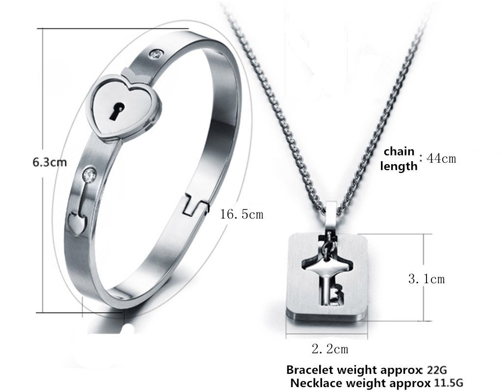 Naivo Romantic Stainless Steel Bracelet Love Heart Lock Bangle Key Pendants Necklace Lovers Jewelry set (Steel color)