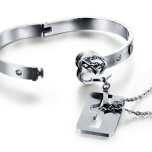 Naivo Romantic Stainless Steel Bracelet Love Heart Lock Bangle Key Pendants Necklace Lovers Jewelry set (Steel color)