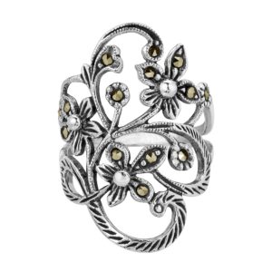 AeraVida Beautiful Marcasite Style Detailed Pyrite Flower Vine .925 Sterling Silver Ring for Women - Size 9