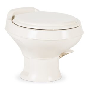 dometic 301 toilet low profile 13.5" height- bone, 301-ss/rt/bone, full size residential style, clean and watertight triple jet rinse with foot pedal