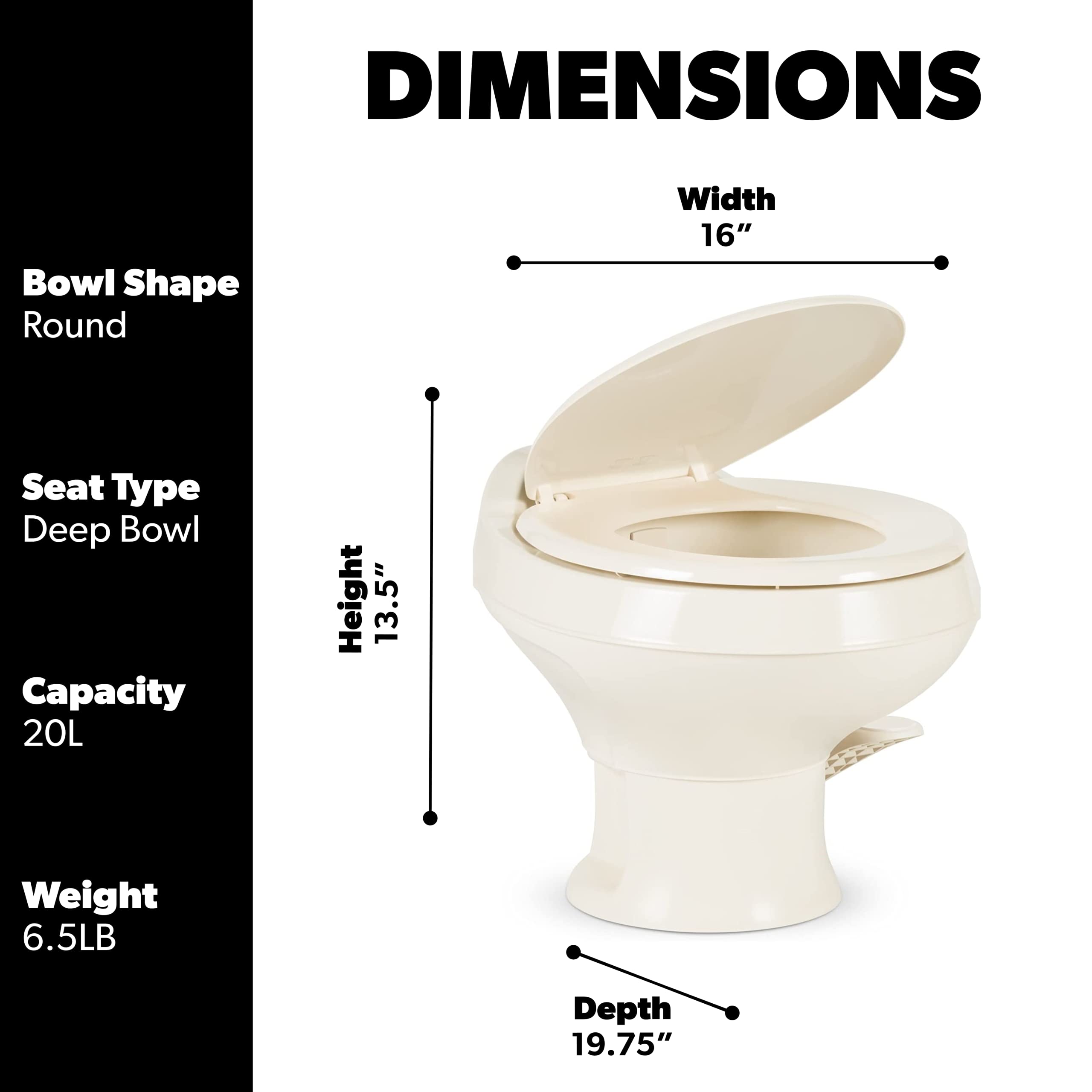 Dometic 301 Toilet Low Profile 13.5" Height- Bone, 301-SS/RT/BONE, Full Size Residential Style, Clean and Watertight Triple Jet Rinse with Foot Pedal