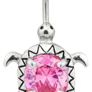 Surgical Steel Pink Jeweled CZ Sea Turtle Animal Belly Button Ring