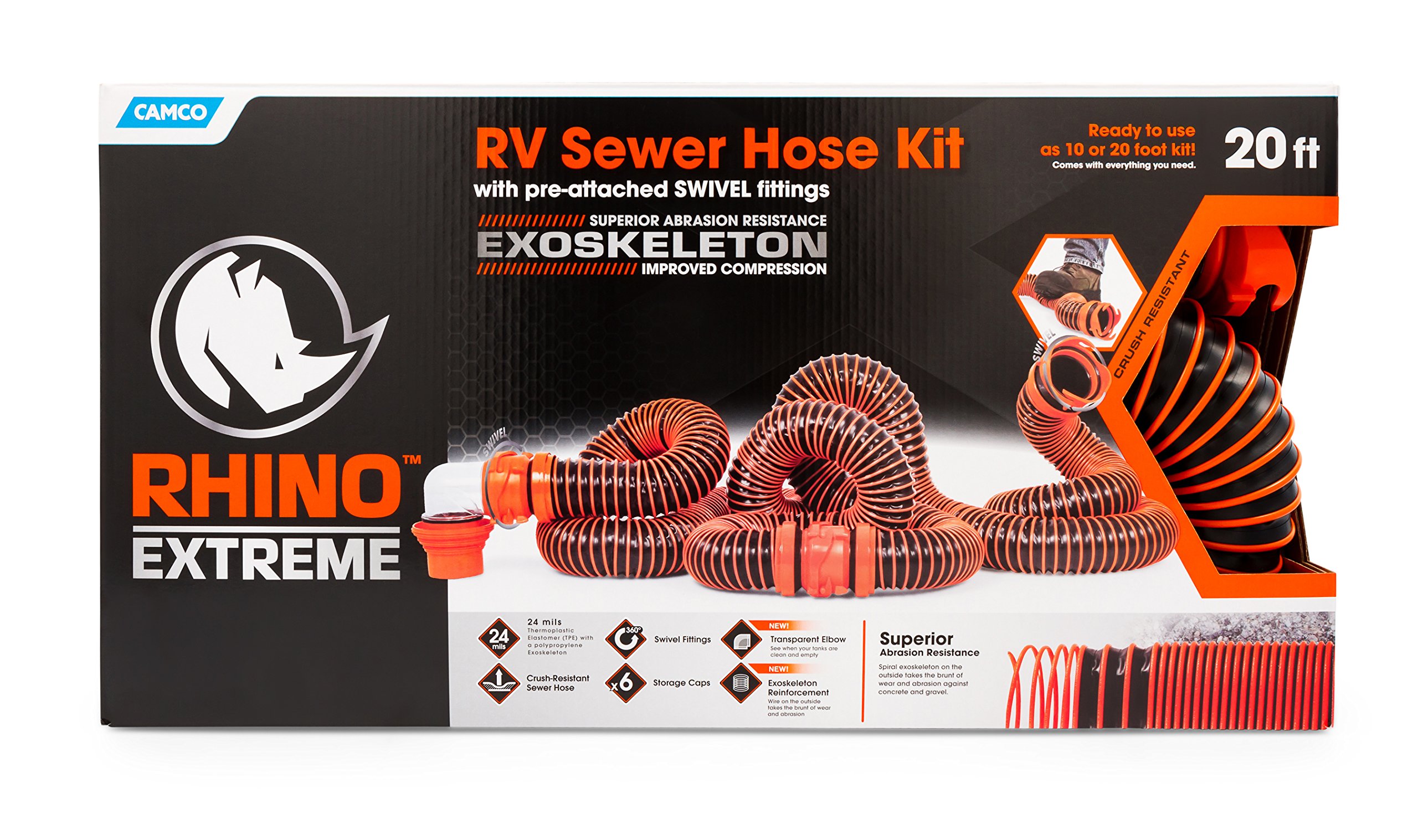 Camco RhinoEXTREME 20-Foot Camper/RV Sewer Hose Kit | Features TPE Technology for Abrasion Resistance and Crush Protection | Includes Pre-Attached Rhino Swivel Fittings (39867)