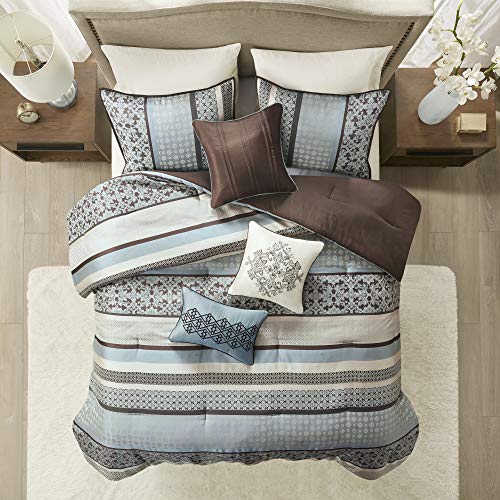 Madison Park Cozy Comforter Set - Luxurious Jaquard Traditional Damask Design, All Season Down Alternative Bedding with Matching Shams, Decorative Pillow Princeton Blue Queen(90"x90") 7 Piece