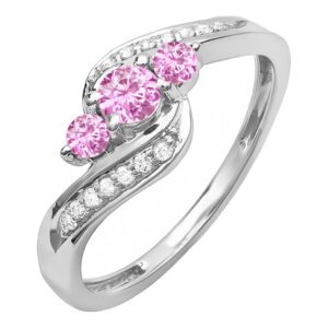 Dazzlingrock Collection 14K Round Pink Sapphire & White Diamond Swirl Engagement 3 Stone Bridal Ring, White Gold, Size 7.5