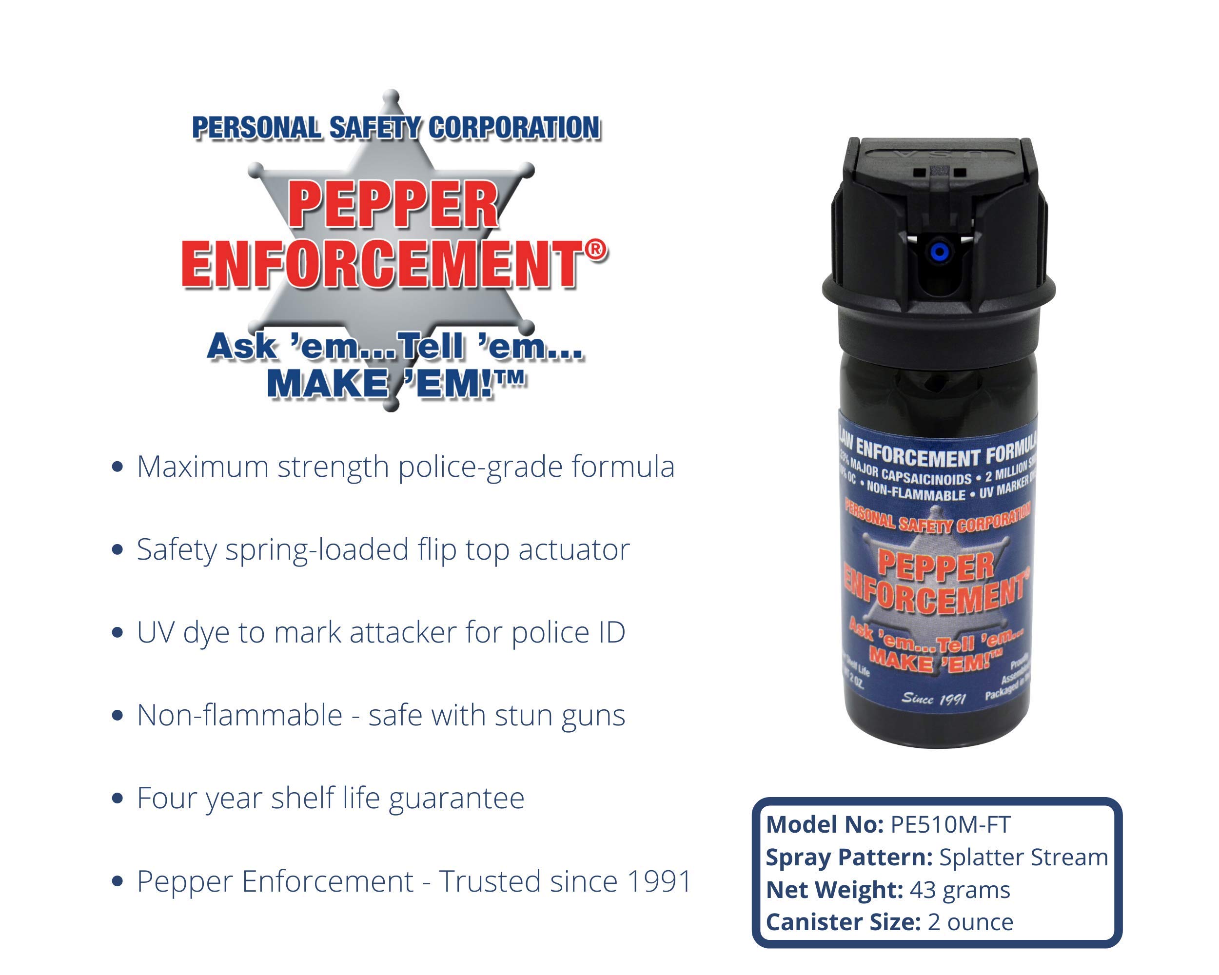 Pepper Enforcement PE510M-FT Splatter Stream Pepper Spray - Maximum Strength 10% OC Formula - Emergency Self Defense Personal Protection & Safety (4-Pack Stream Pepper Spray)