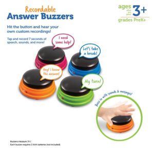 Learning Resources Recordable Answer Buzzers - Set of 4, Ages 3+ | Pre-K Personalized Sound Buzzers, Recordable Buttons, Game Show Buzzers, Perfect for Family Game and Trivia Nights