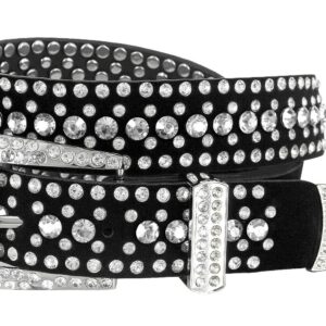 Women Rhinestone Belt Fashion Western Cowgirl Bling Studded Design Suede Leather Belt 1-1/4"(32mm) wide (Crystal, 34'' M)