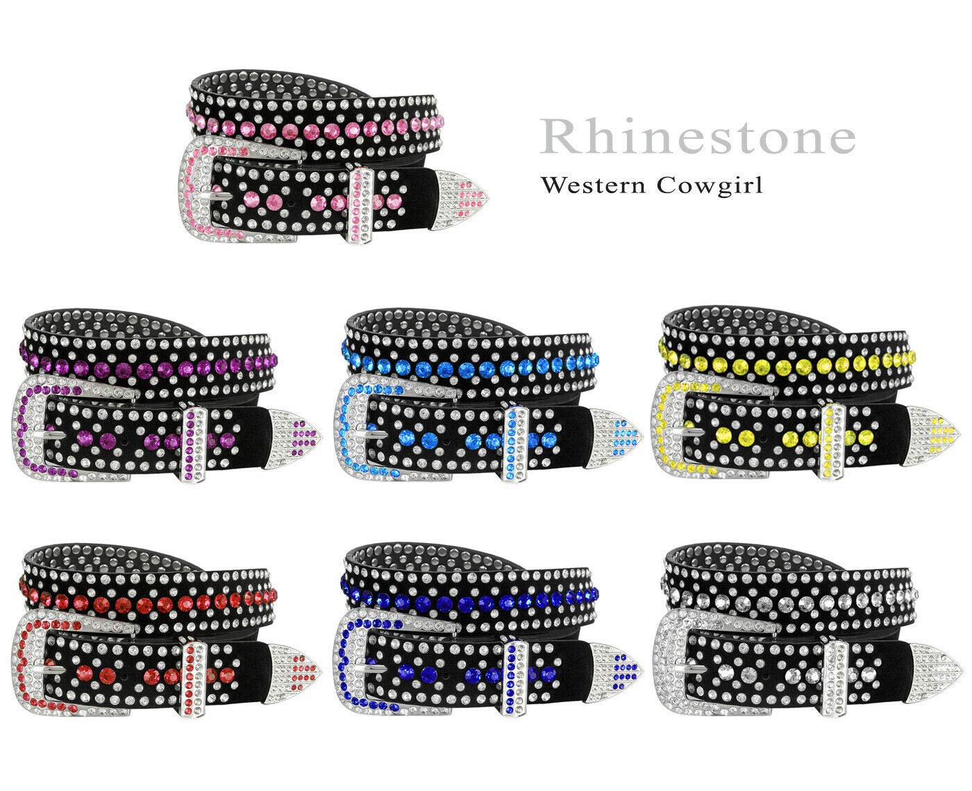 Women Rhinestone Belt Fashion Western Cowgirl Bling Studded Design Suede Leather Belt 1-1/4"(32mm) wide (Crystal, 34'' M)