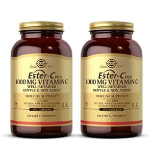 SOLGAR Ester-C Plus 1000 mg Vitamin C (Ascorbate Complex) - 180 Tablets, Pack of 2 - Gentle & Non Acidic - Supports Upper Respiratory Health - Non-GMO, Gluten Free - 360 Total Servings