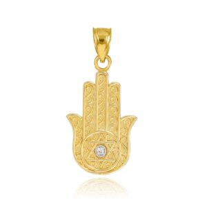 14k Yellow Gold Diamond Star of David Protection Charm Jewish Hamsa Pendant