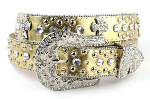 NYFASHION101 Cross Charm Rhinestone Stud Genuine Leather Belt (Large, Gold)