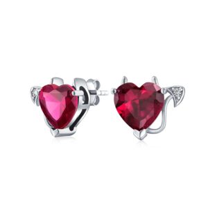 Romantic Promise Valentine Red CZ Devil Heart Shape Cubic Zirconia Stud Earrings For Women Teens .925 Sterling Silver