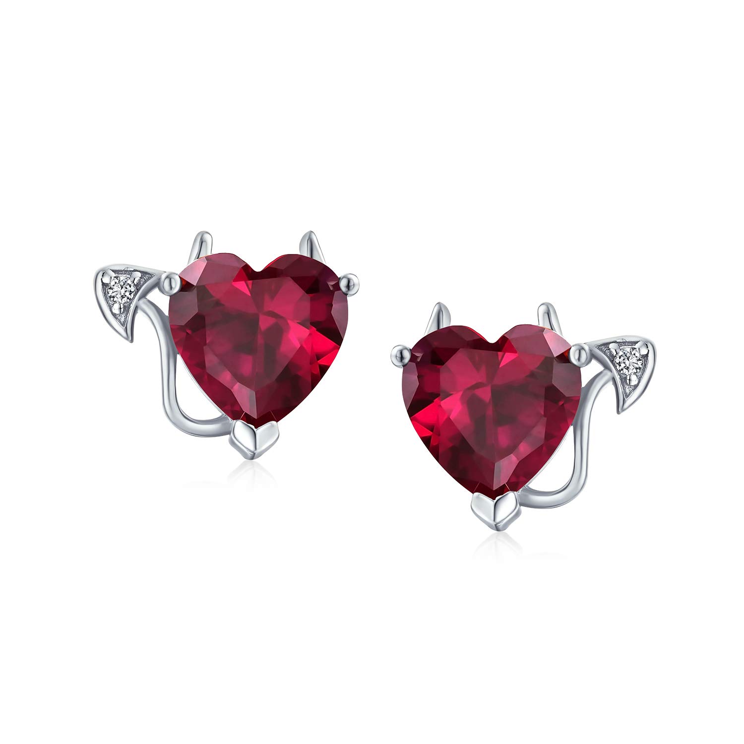 Romantic Promise Valentine Red CZ Devil Heart Shape Cubic Zirconia Stud Earrings For Women Teens .925 Sterling Silver