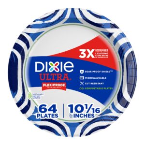 dixie ultra, large paper plates, 10 inch, 64 count, 3x stronger, heavy duty, microwave-safe, soak-proof, cut resistant, disposable plates for heavy, messy meals