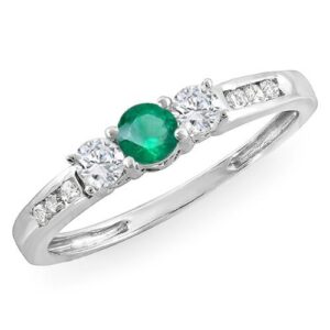 Dazzlingrock Collection 14K Round Emerald & White Diamond Ladies 3 Stone Engagement Bridal Ring, White Gold, Size 8