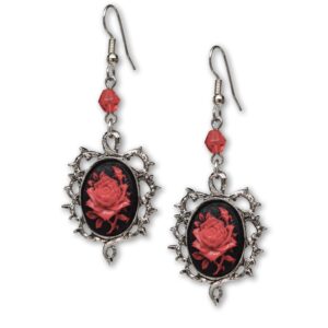 Gothic Red Rose Cameo Earrings Surrounded by Thorns with Red Bead