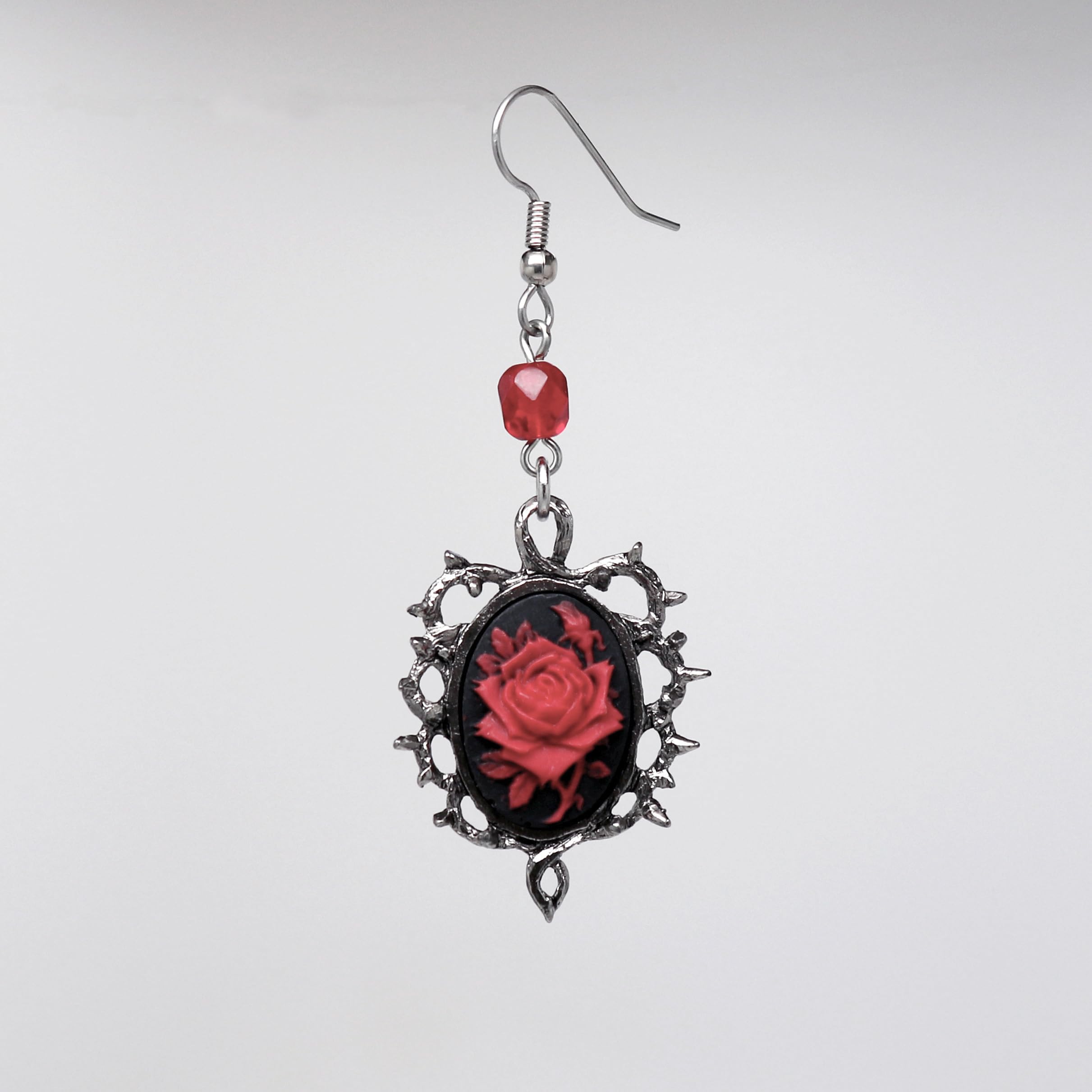 Gothic Red Rose Cameo Earrings Surrounded by Thorns with Red Bead