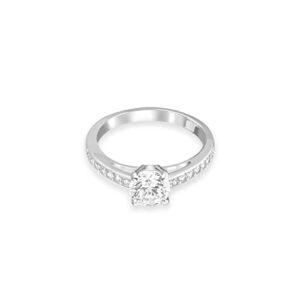 swarovski attract ring, clear circle-cut crystal with matching crystal pavé on a rhodium finish setting, size 5, part of the attract collection