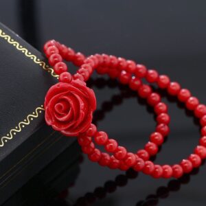 Gem Stone King 7 Inch Red Simulated Coral Bead Rose Flower Stretch Bracelet for Women 5mm