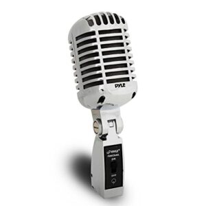 pyle classic retro dynamic vocal microphone - old vintage style metal unidirectional cardioid mic with xlr cable - universal stand adapter - live performance studio recording - pdmicr68sl (silver)