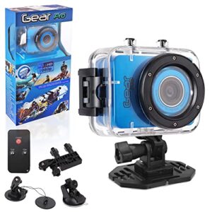 gear pro sports action camera - hd 1080p mini camcorder w/ 12 mp cam, 2.4" touch screen usb sd card hdmi, battery - waterproof case, usb cable, wireless remote control, mount - pyle gdv285bl (blue)