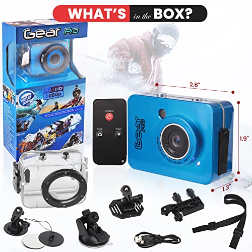 Gear Pro Sports Action Camera - HD 1080P Mini Camcorder w/ 12 MP Cam, 2.4" Touch Screen USB SD Card HDMI, Battery - Waterproof Case, USB Cable, Wireless Remote Control, Mount - Pyle GDV285BL (Blue)