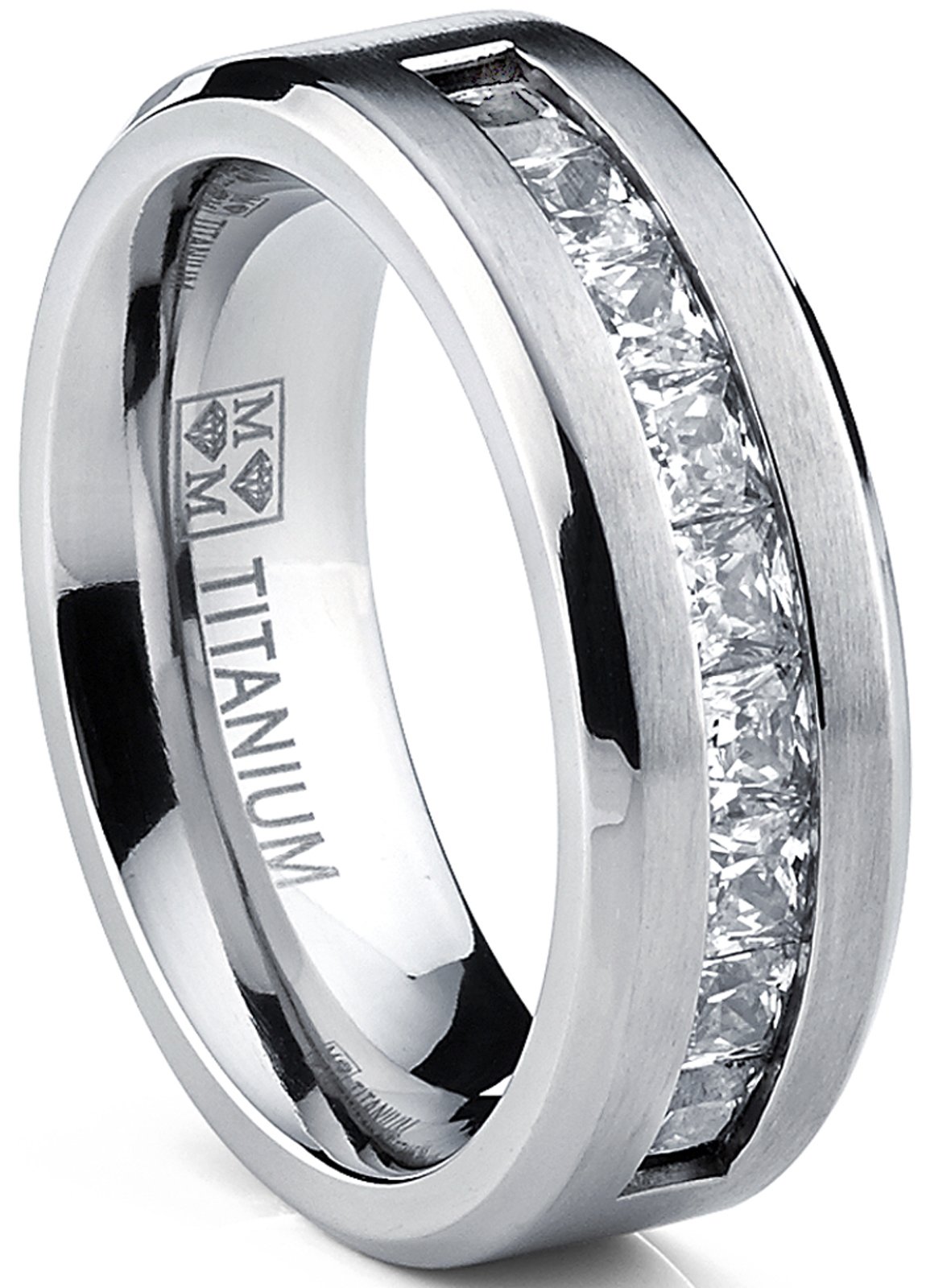 Metal Masters Titanium Men's Wedding Band Engagement Ring with 9 Large Princess Cut Cubic Zirconia Size 10