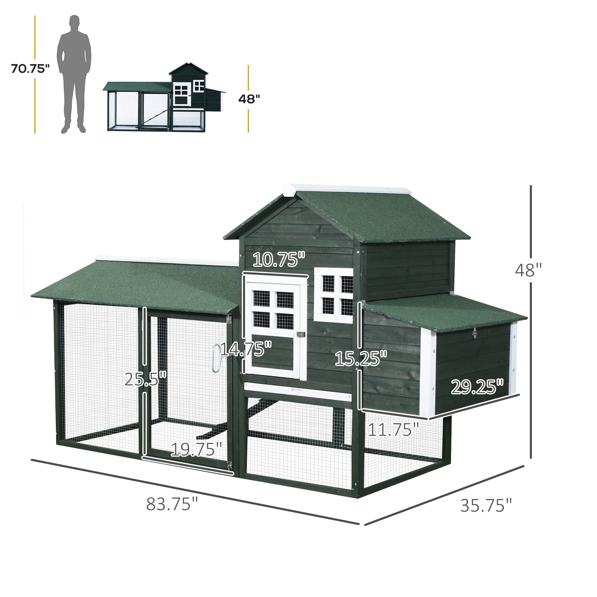 PawHut 84" Wooden Chicken Coop, Hen House Outdoor with Run Nesting Box, Asphalt Roof, Removable Tray, Ramp, Poultry Cage for 2-3 Chickens, Green